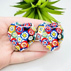 Vintage 90’s Avon “Porcelain Tapestry” Millefiori Print Heart Clip On Earrings